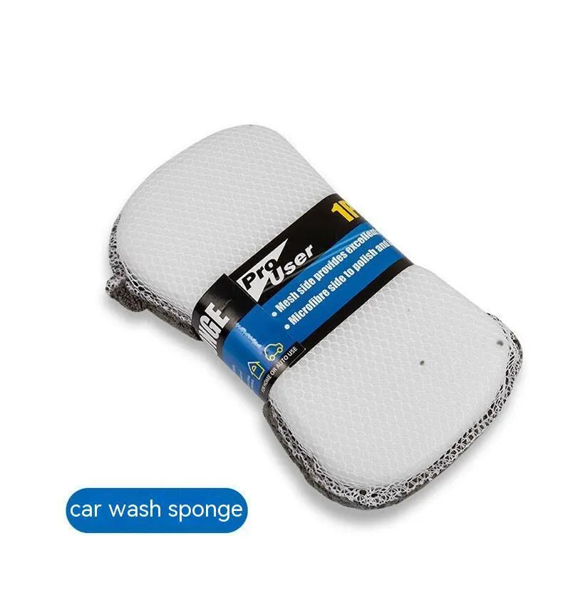 9-piece grey microfiber car wash set with gloves, sponge, tire brush, waxing wipes, and towels