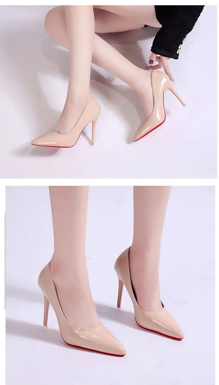Women's black pointed toe stiletto pumps with a shallow mouth design on a white background.