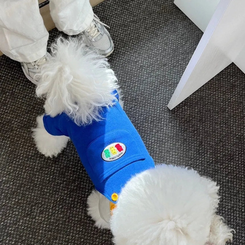 Blue and yellow polyester dog and cat overalls for spring and autumn, sizes XS to XL