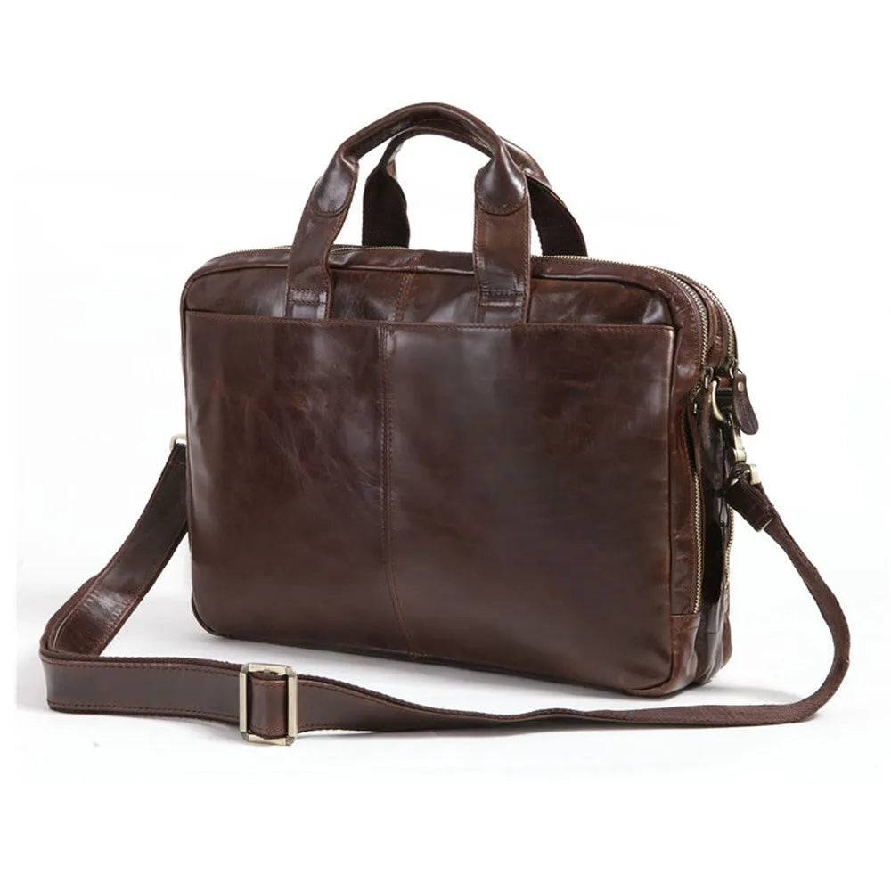 Men's brown leather business briefcase with 18-inch size and polyester cotton lining
