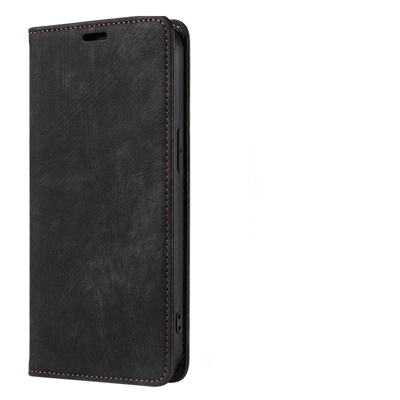 Magnetic flip phone case in grey showing closed magnetic flap and inner card slot for iPhone.