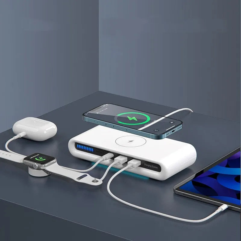 White desktop wireless charger with ambient lighting showing phone charging and colour illumination