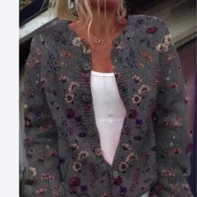 Women's loose-fit cardigan coat with 3D digital printed stereo pattern in polyester fabric.