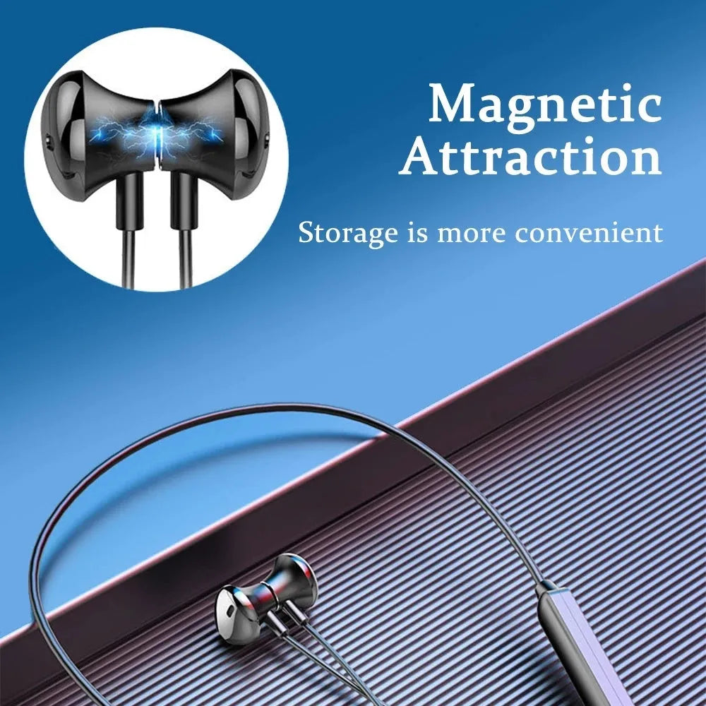 Black wireless neckband sports earphones with custom logo printing area on the neckband.