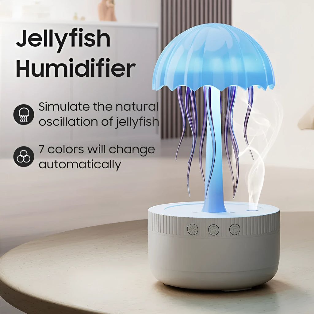 White USB rotating colorful light humidifier with large mist output on a desktop surface