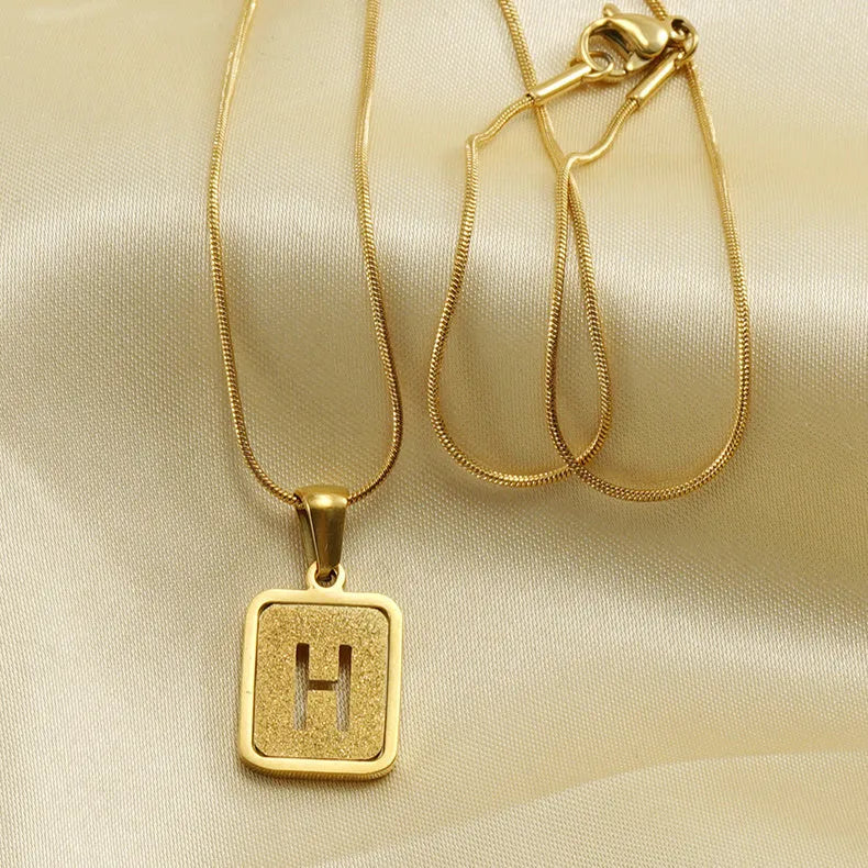 Alphabet necklace 26 letters hollow square pendant 18K gold tone titanium steel small snake chain