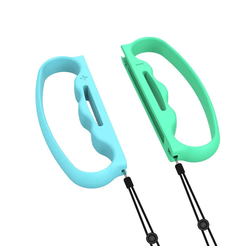 Two sets of black Joy-Con handle grips with attached hand straps for Nintendo Switch controllers