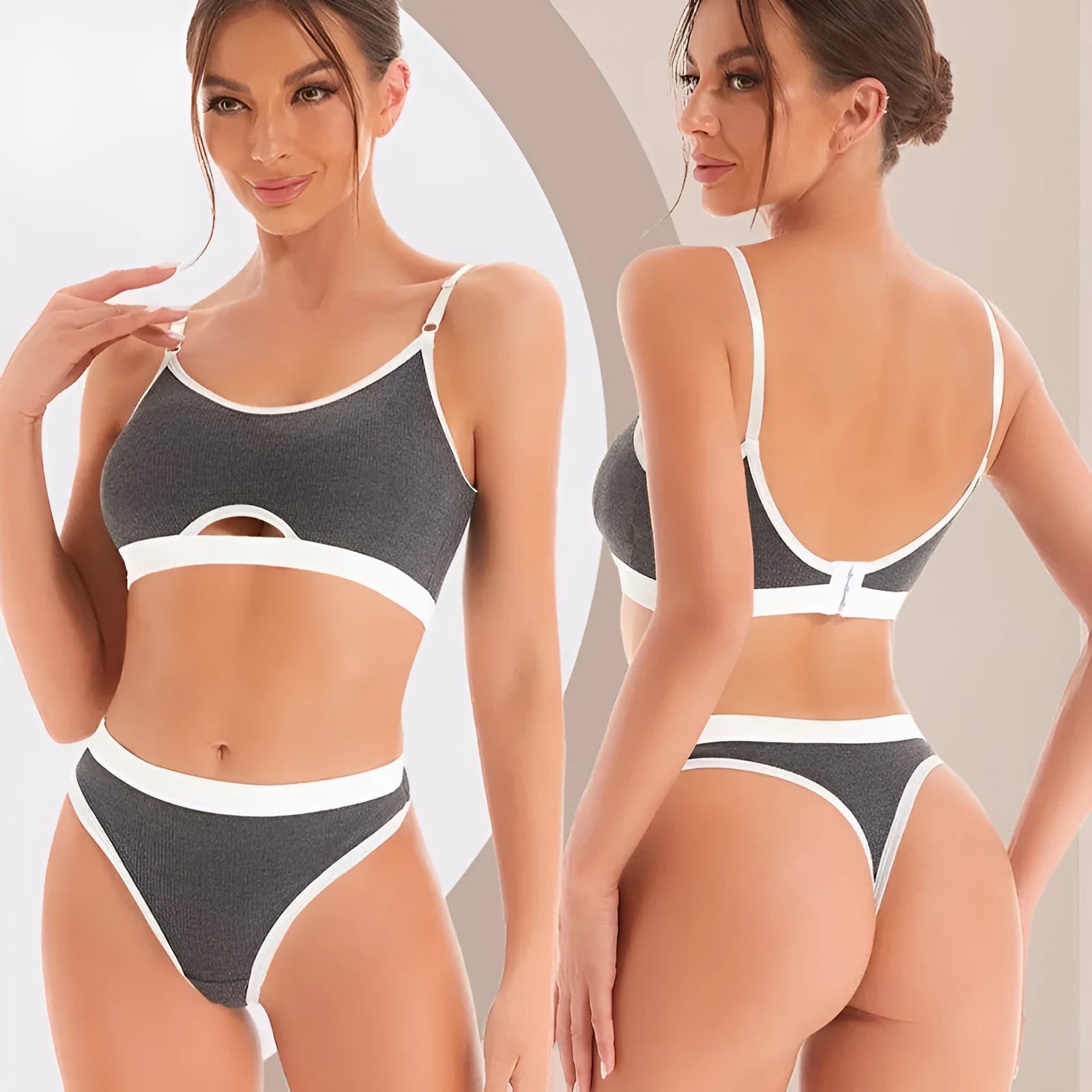 Beauty back sports bra and briefs set in contrasting colour with moulded cup and fixed shoulder straps.