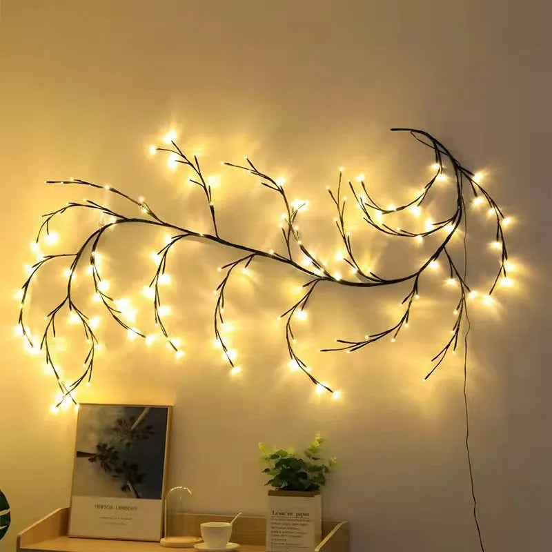 Flexible LED willow vine light garland with birch bark texture bent into a decorative shape