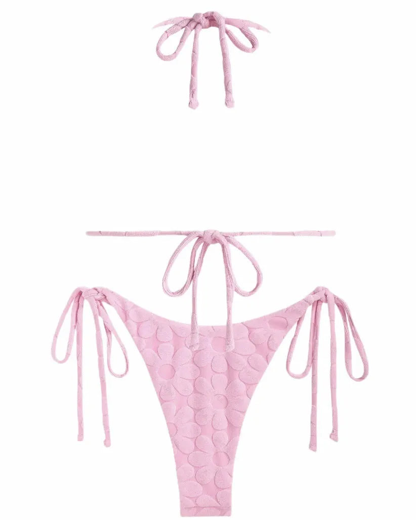 Women's solid colour backless bikini set in light blue and pink, high elasticity fabric, sizes M L XL