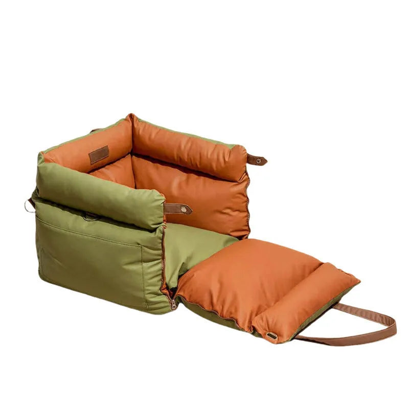 Green waterproof removable pet car nest for dogs on a grey car seat