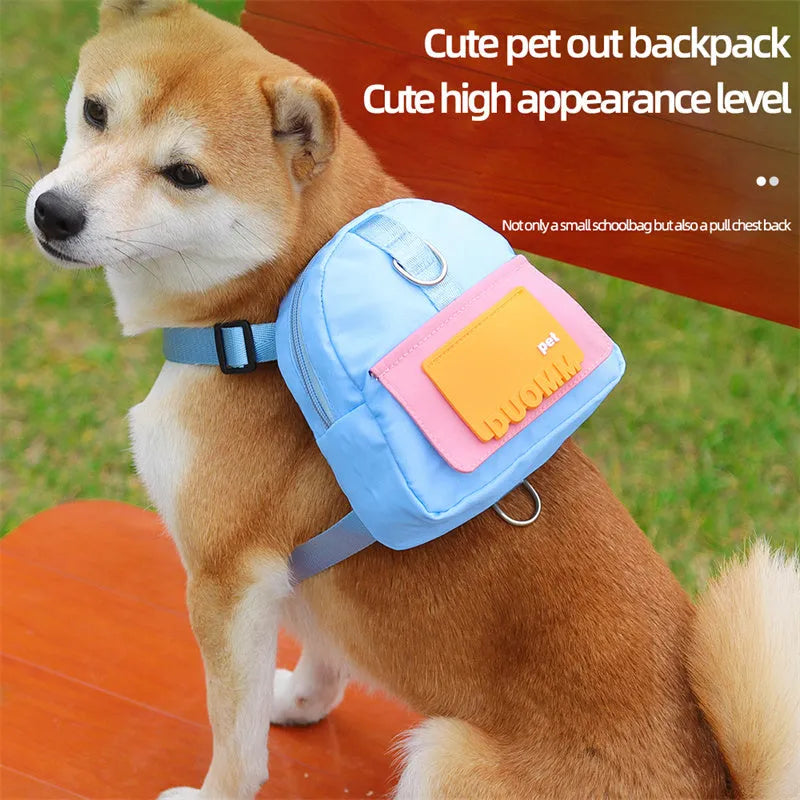 Blue adjustable dog backpack with snack storage bag and harness for hiking