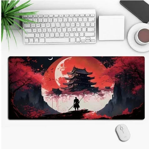 Anime style gaming mouse pad desk mat with non-slip rubber base on a desk.