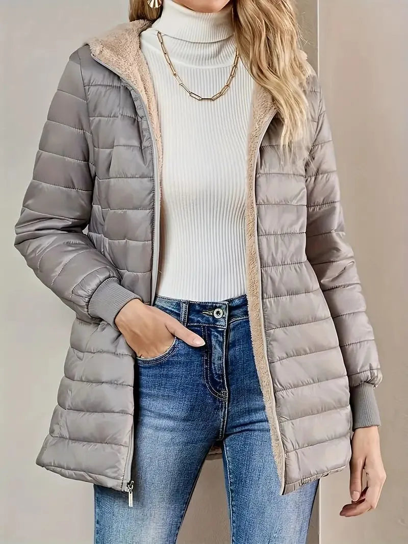 Ladies' cotton jacket with regular long sleeves in khaki, front view