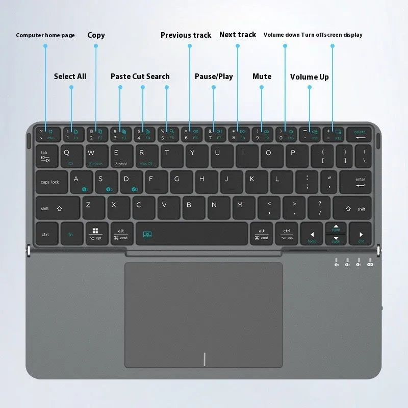 Grey wireless Bluetooth folding keyboard for mobile phones and tablets.