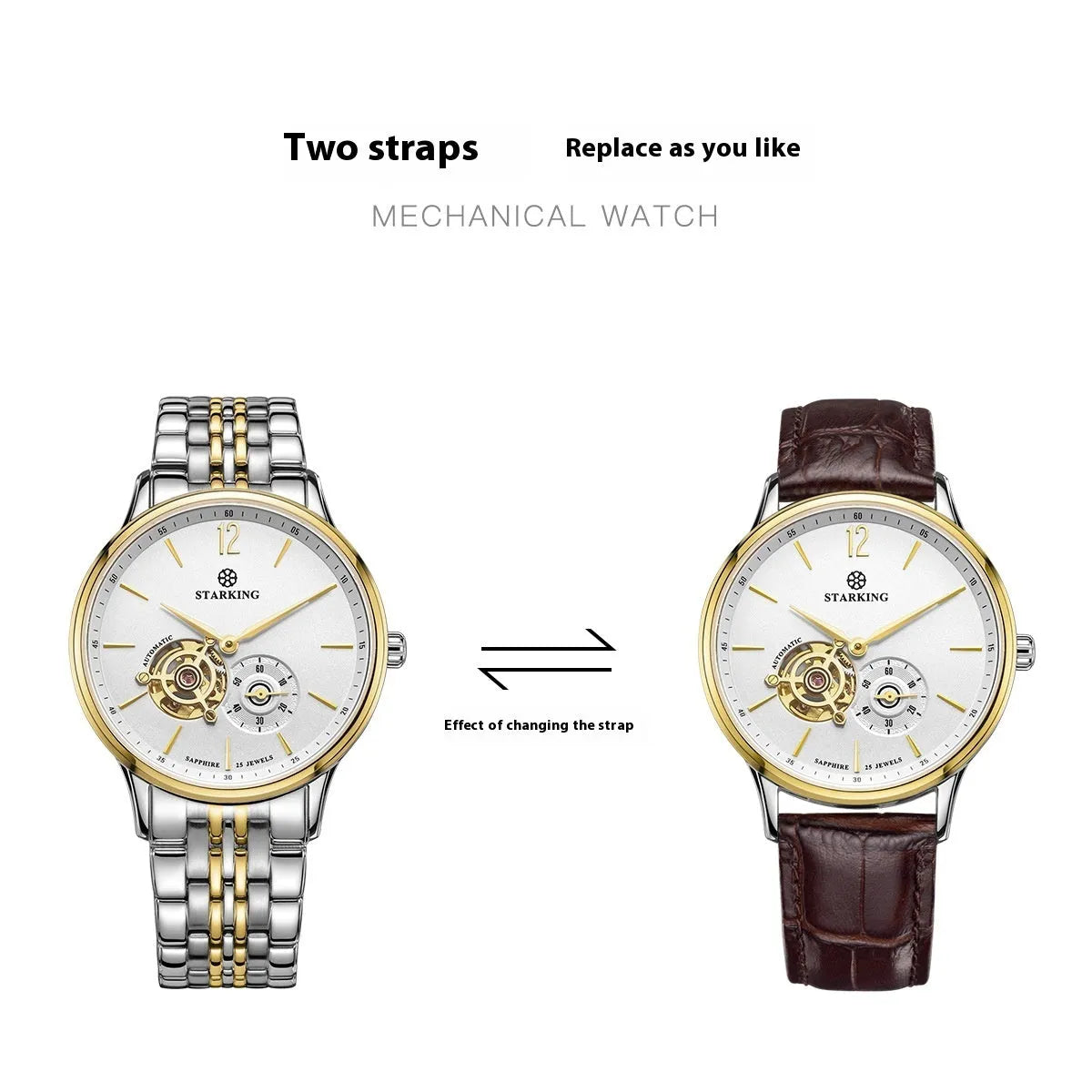 Automatic mechanical men's business watch with circular dial on brown leather strap.