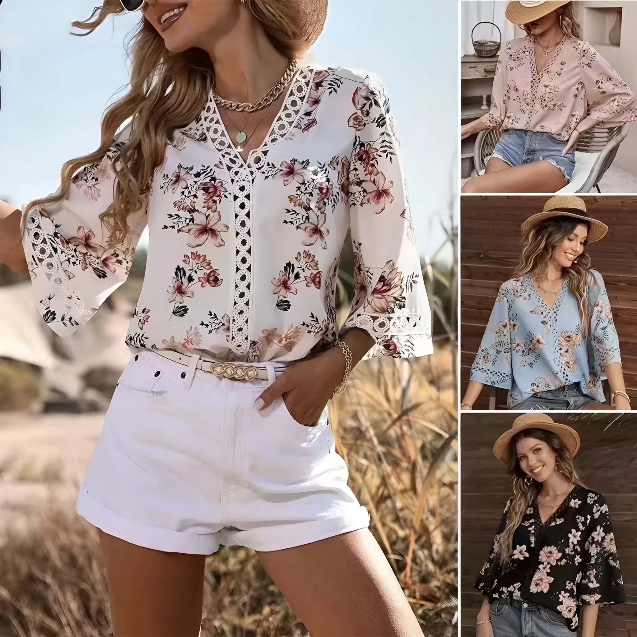 Loose V-neck bell-sleeve lace top for women in print and patchwork design, half sleeve pullover style