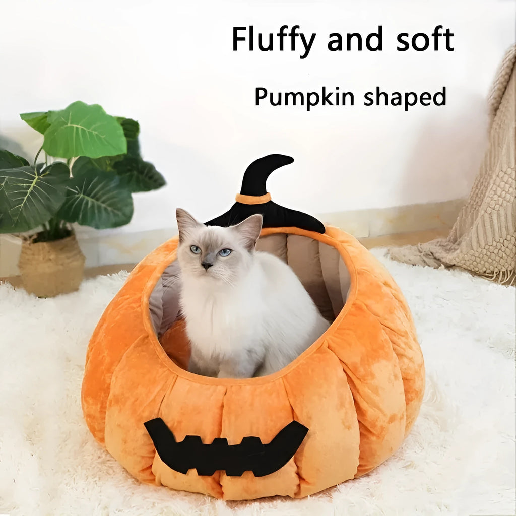 Halloween pumpkin cat bed with cartoon devil design in soft plush material