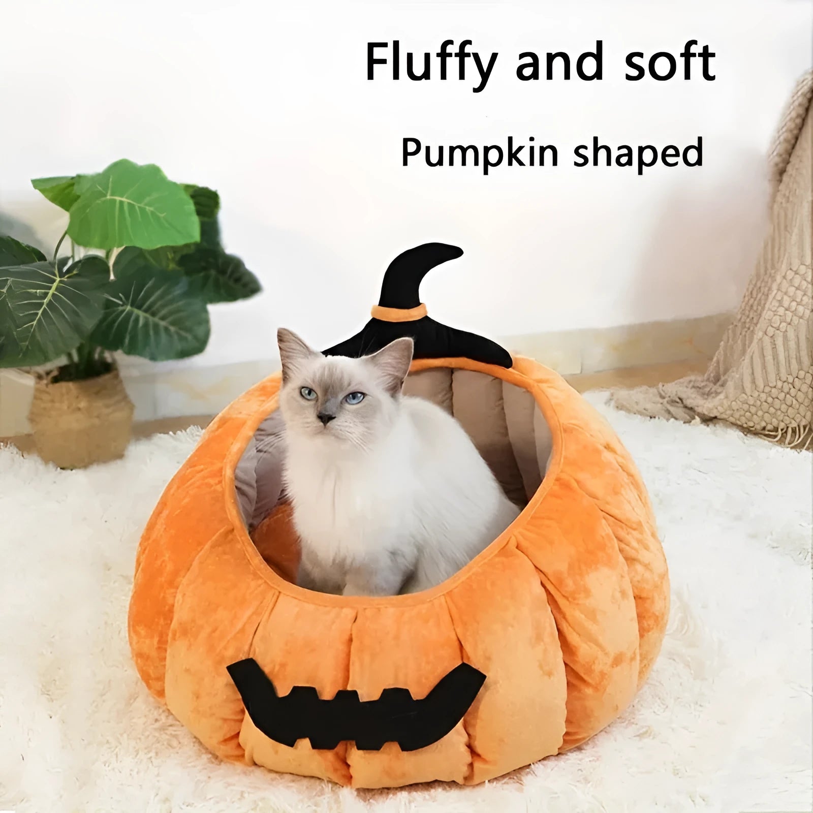 Halloween pumpkin cat bed with cartoon devil design in soft plush material