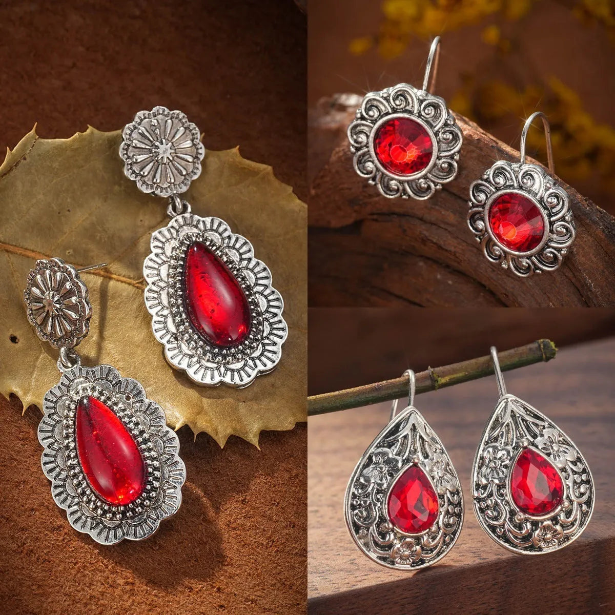 Alloy retro bohemian carved ruby drop earrings for women in colour 10505