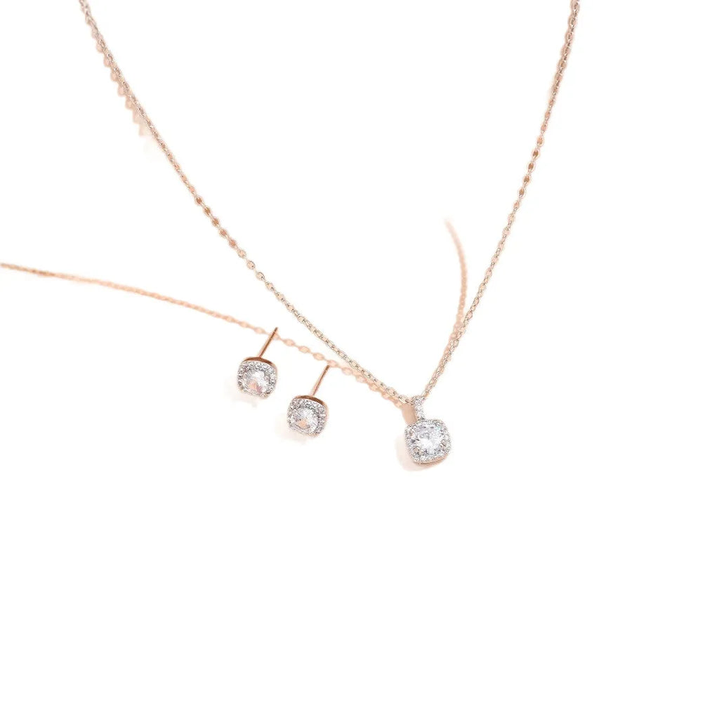 Female minimalist square diamond necklace and earring set in gold and silver colour options