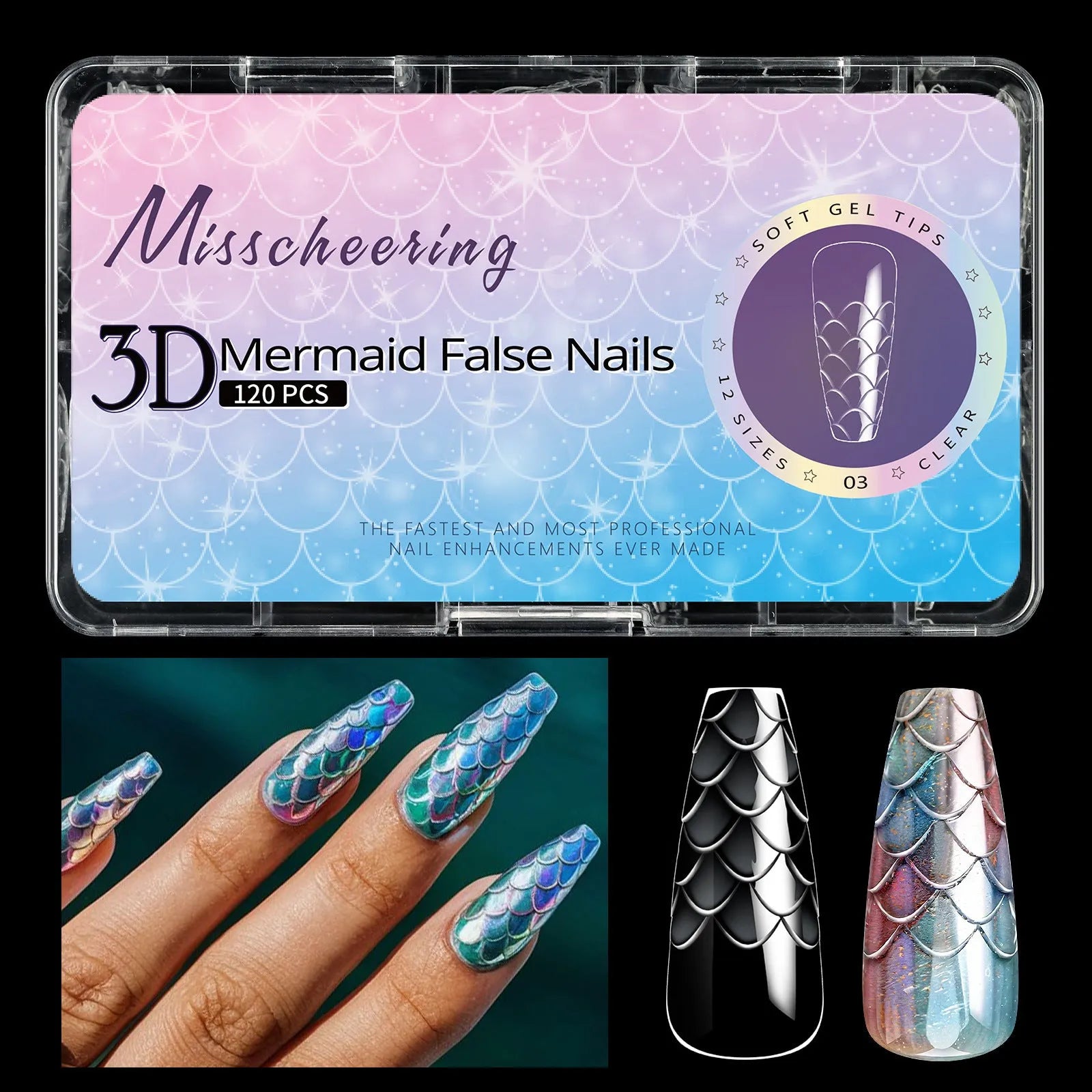 3D scale long shaping nail tips for gel and acrylic nail extensions in multiple colour options