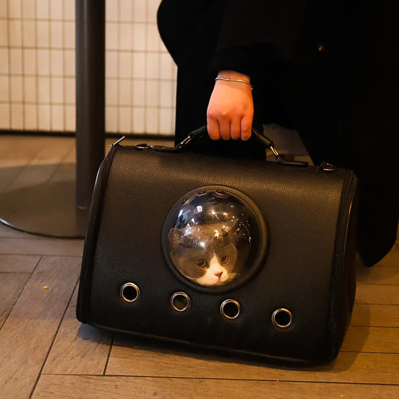 Leather cat bag space capsule in Classic Black, large capacity, with diagonal strap, for cats up to 12 catties