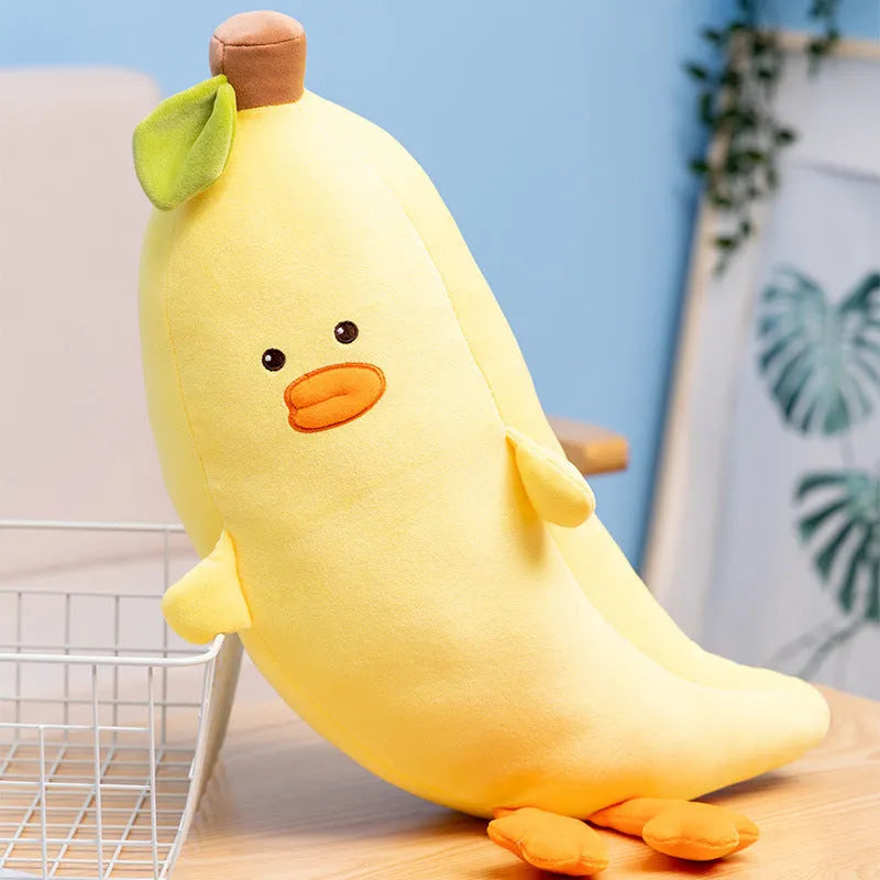 Cute banana fruit plush cushion with plush jacket and PP cotton fill on a chair
