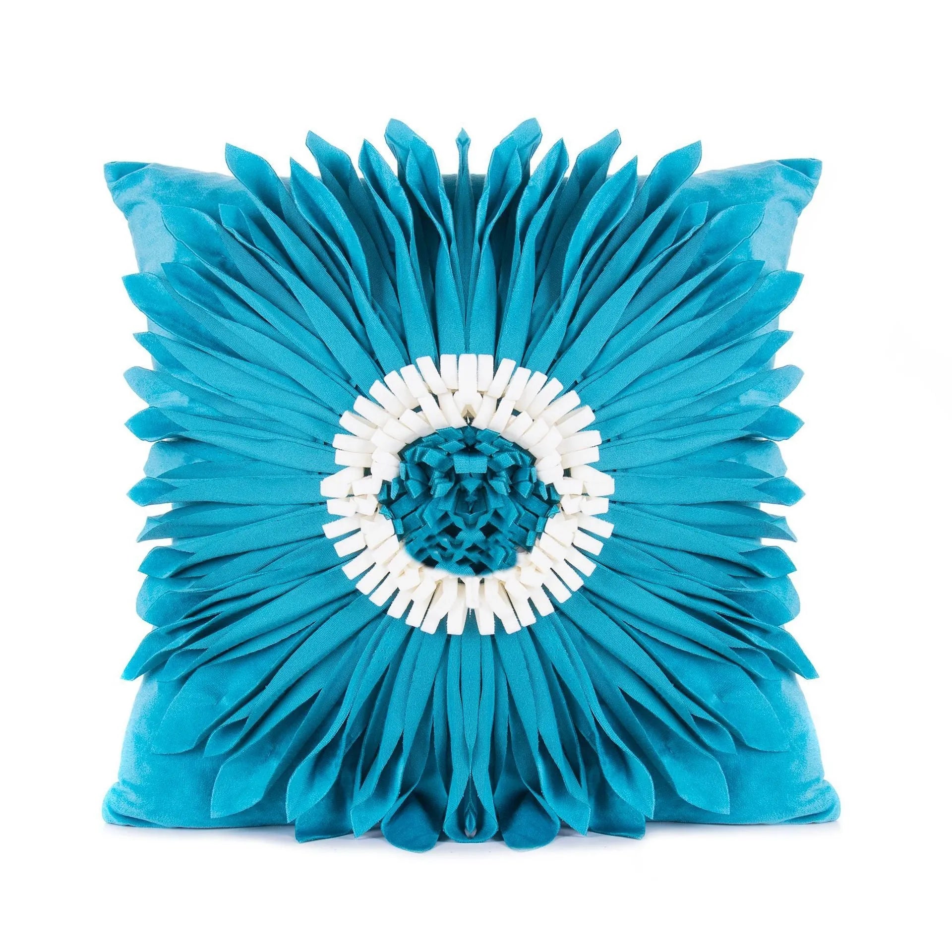 White polyester velvet cushion cover with blue chrysanthemum tufting pattern and fringed hem on a sofa