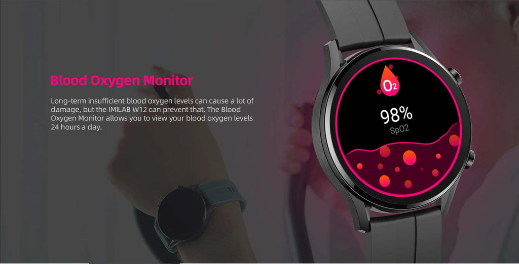 IMILAB W12 Smart Watch Black with 1.32-inch HD screen, rubber strap, and heart rate sensor