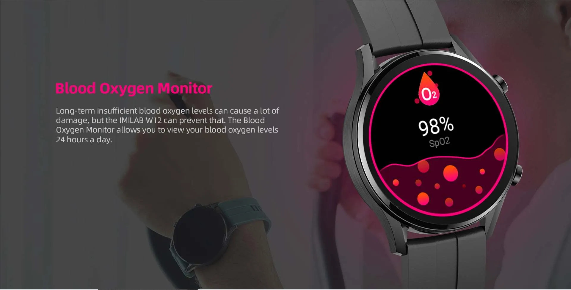 IMILAB W12 Smart Watch Black with 1.32-inch HD screen, rubber strap, and heart rate sensor