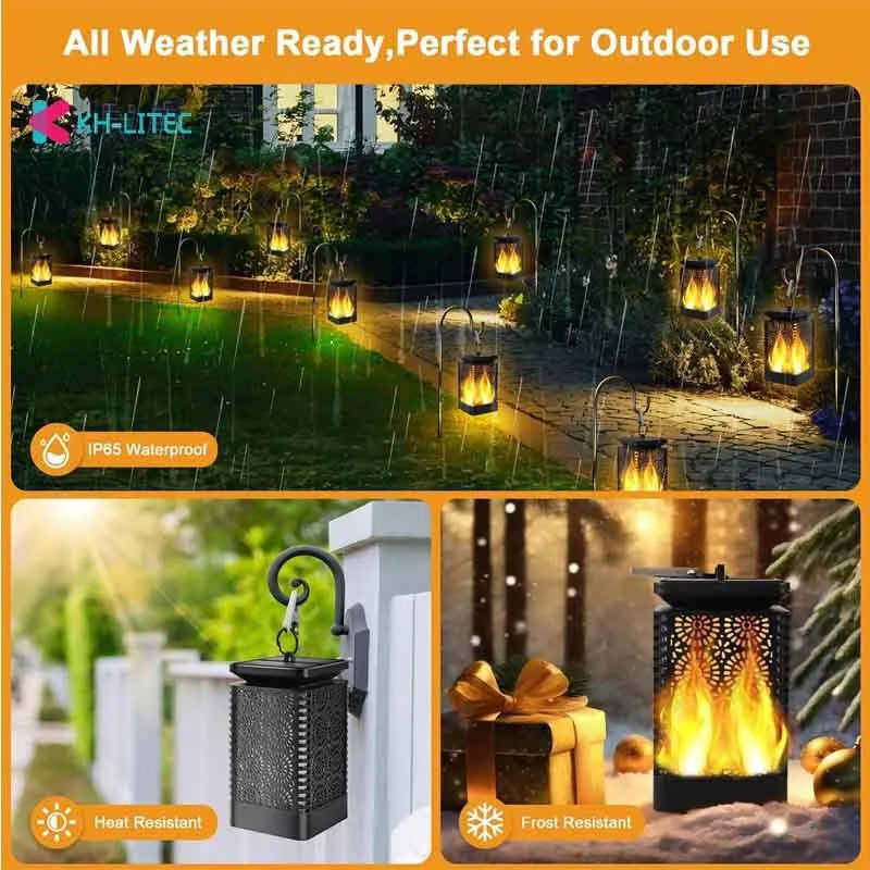 Four black solar-powered outdoor torch lights with flickering LED flame effect, placed on a garden patio.