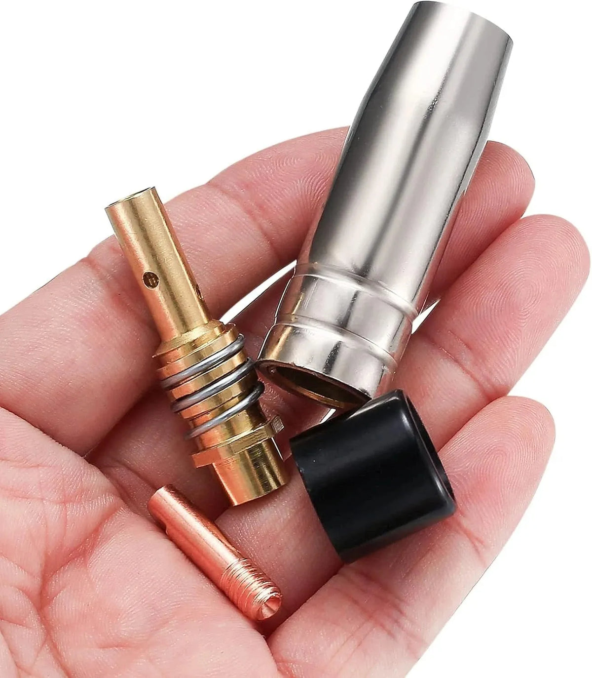 Copper welding nozzle set with 15 conductive nozzles, 5 nozzles, connecting rods, black caps, and board, 19mm length, 230g.