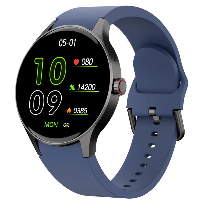 Black smart sport watch with round touch screen on a wrist, showing fitness stats.