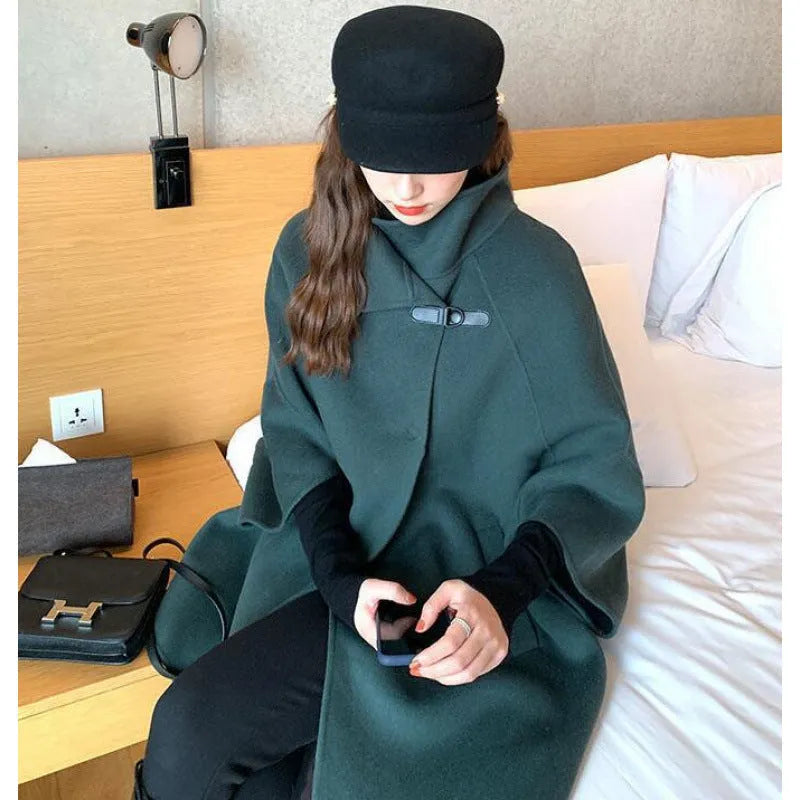 Women's Korean style oatmeal colour coat with 100cm length and half flight sleeves for autumn winter wear