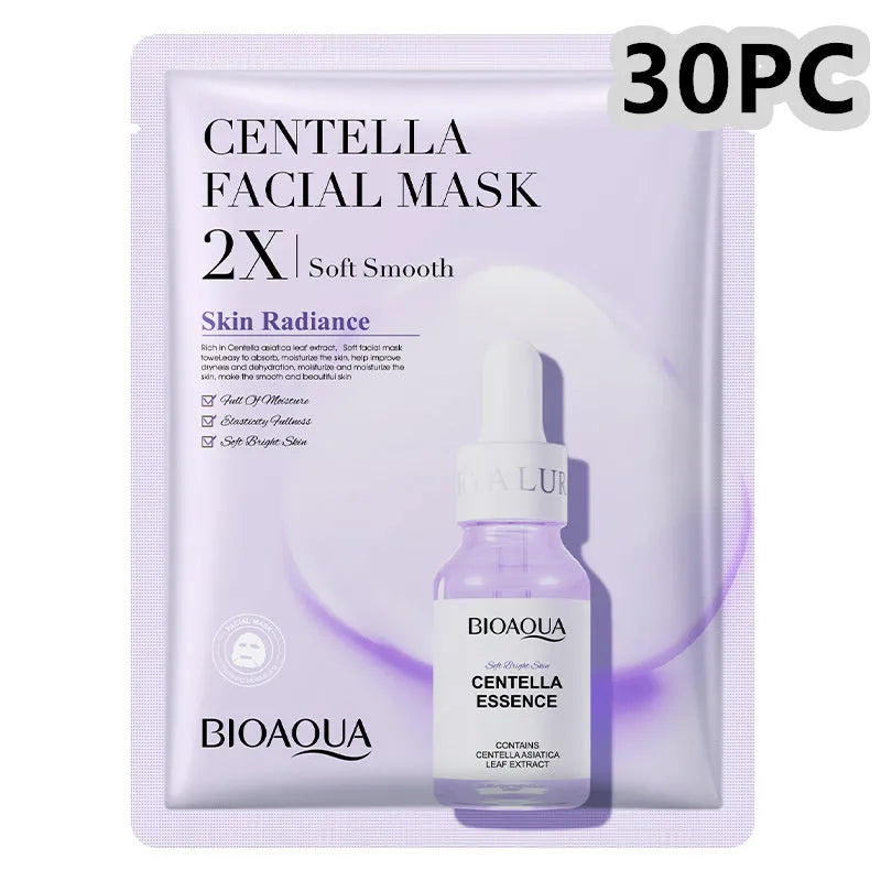 Single 30g collagen and hyaluronic acid facial sheet mask on packaging, with Centella, Vitamin C, Collagen variant options.