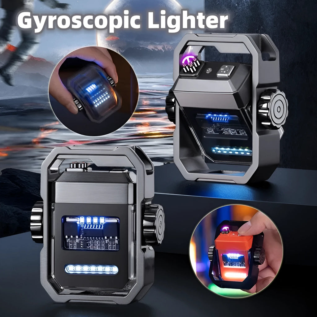 Blue zinc alloy pulse lighter with glowing double electric arcs and a mechanical gyroscope spinner, shown folded and unfolded.