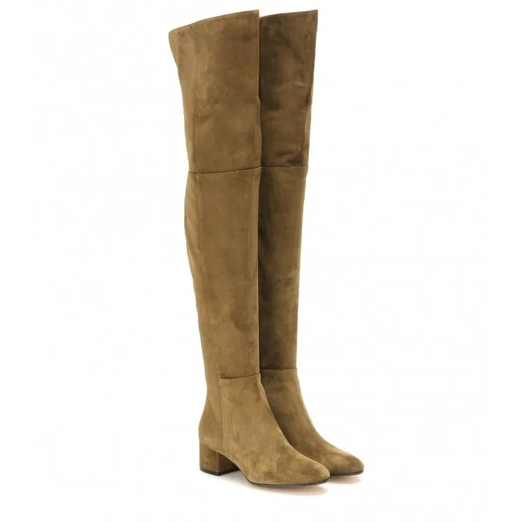 Grey suede women's over-the-knee flat boots with pointed toe and low thick heel.