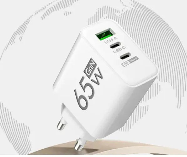 65W frosted square multi-port charger with 1 USB and 2 PD ports in EU White