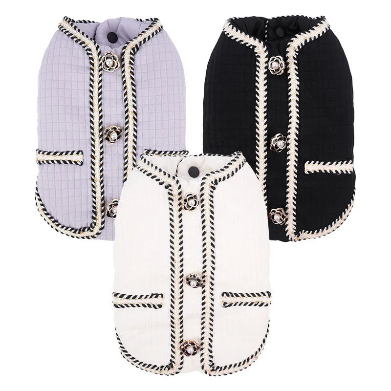 Quilted cartoon-style dog coat in light purple colour for winter warmth