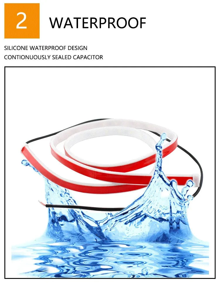 Red and white LED waterproof car door warning light strip with silicone casing and streamer mode