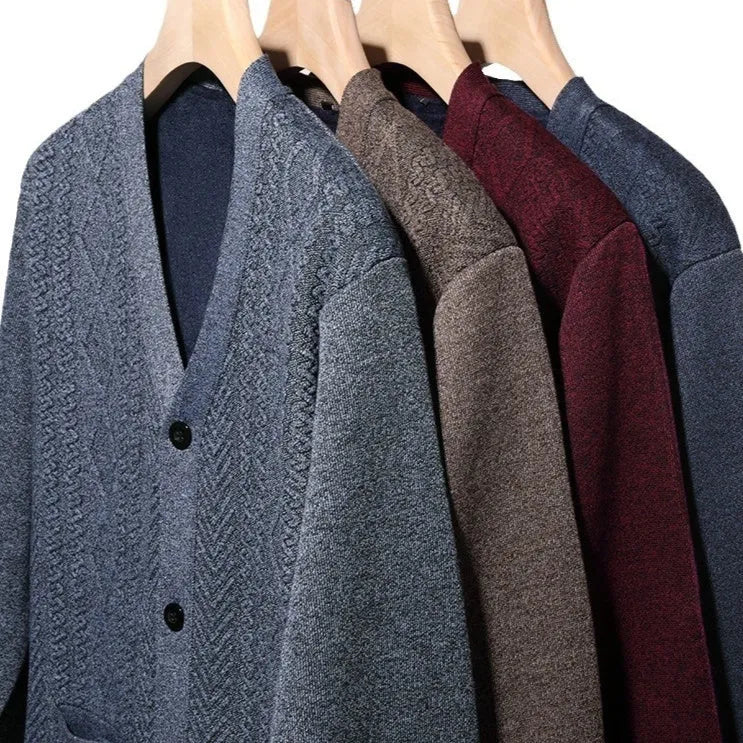 Men's striped cardigan sweater with wool lining in brown colour showing button front and long sleeves