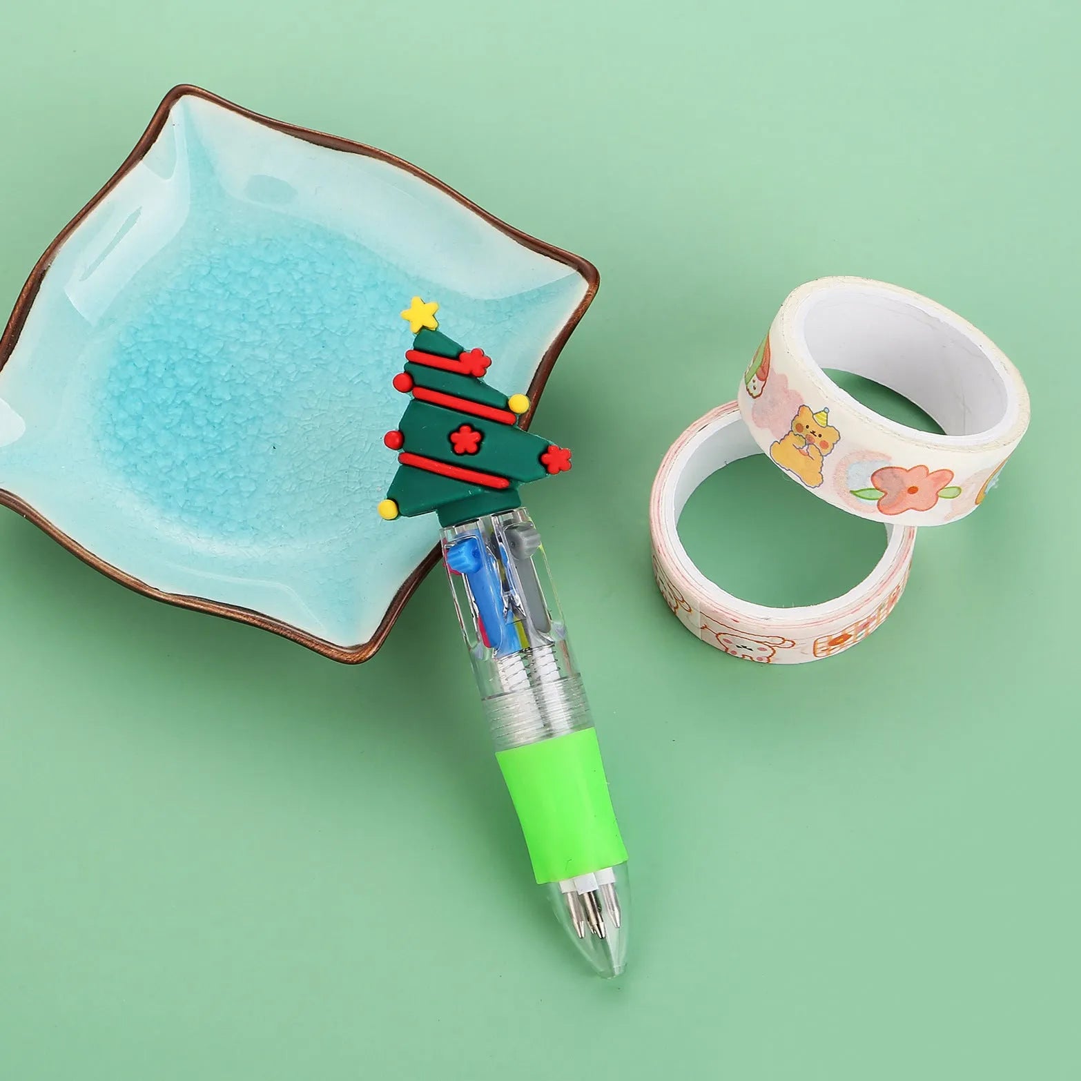 Christmas four-colour press ballpoint pen with festive designs, 11cm compact size