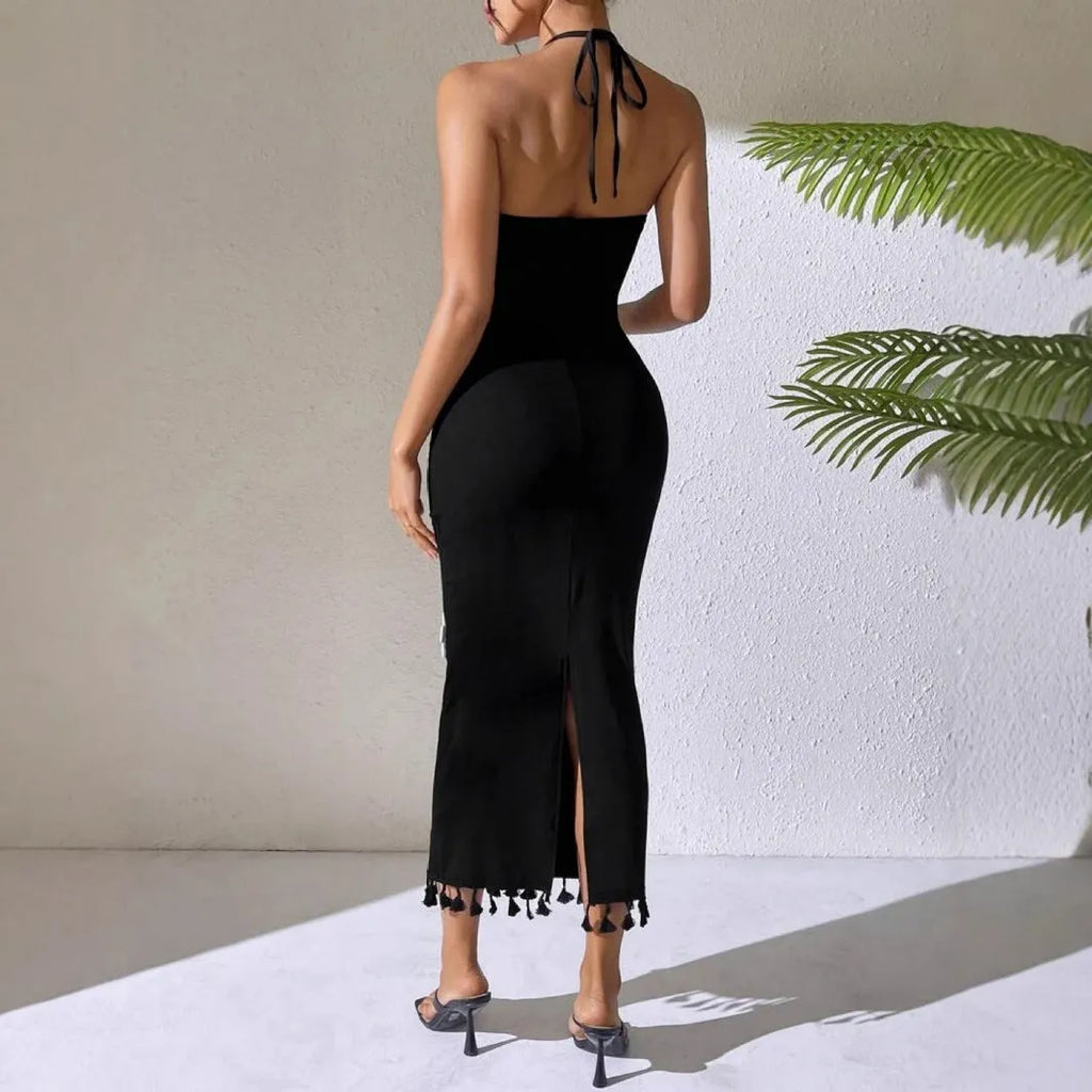 Black slim fit small turtleneck long dress with high waist and sleeveless design in polyester fabric