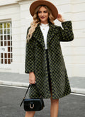 Women's mid-length plush coat in brown plaid artificial fur with loose fit and conventional sleeves