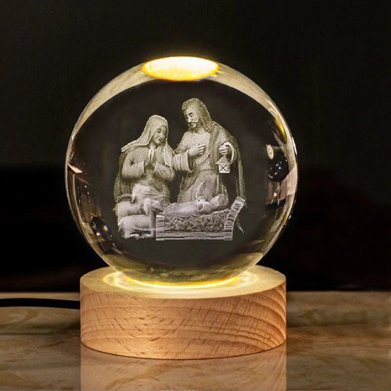 6cm white crystal ball desk ornament with laser-engraved cross design on a solid wood warm light base.