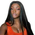 Long straight synthetic wig with centre-parted bangs in black colour on display