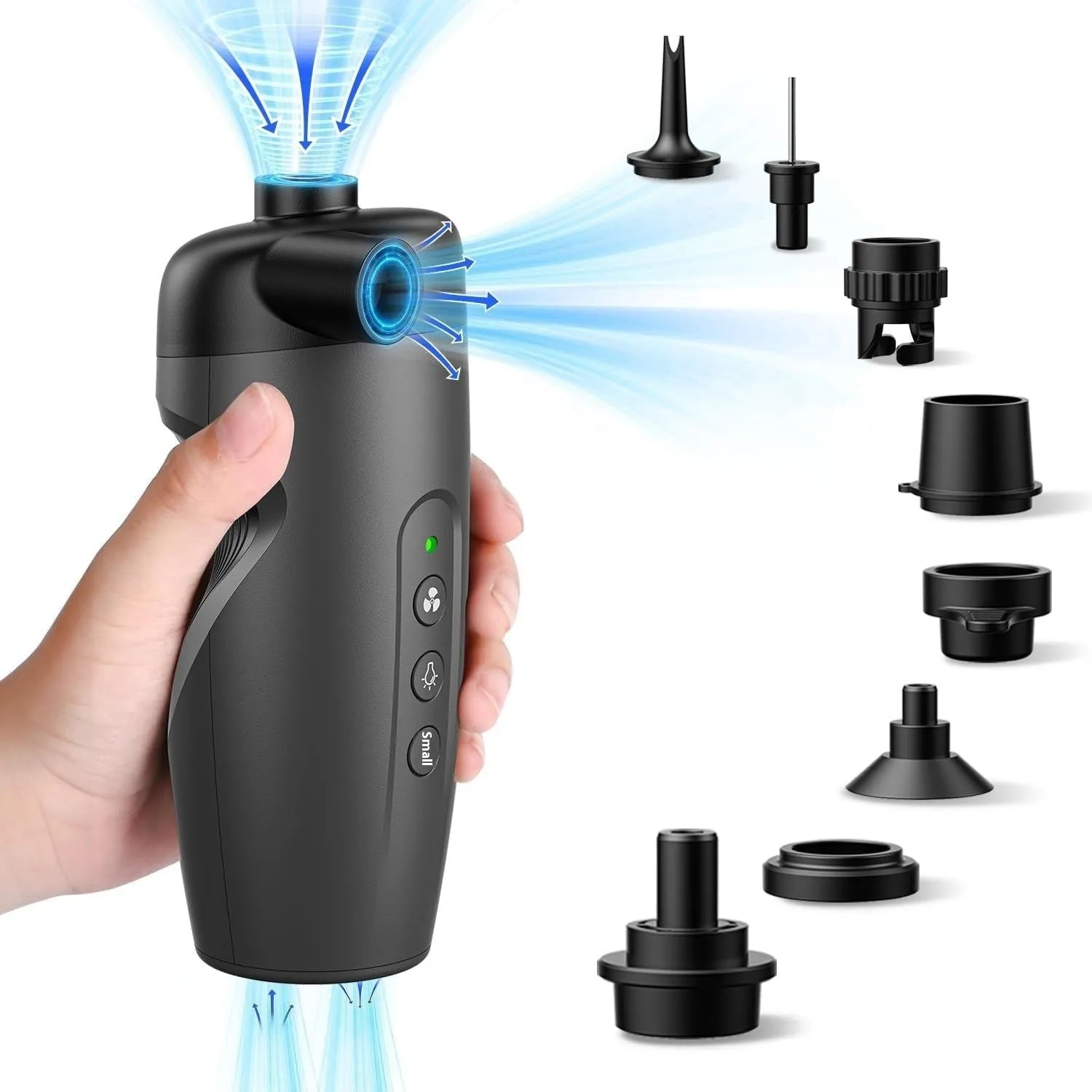 Black cordless portable inflator with ABS body, lighting, and warning lights for home and outdoor use