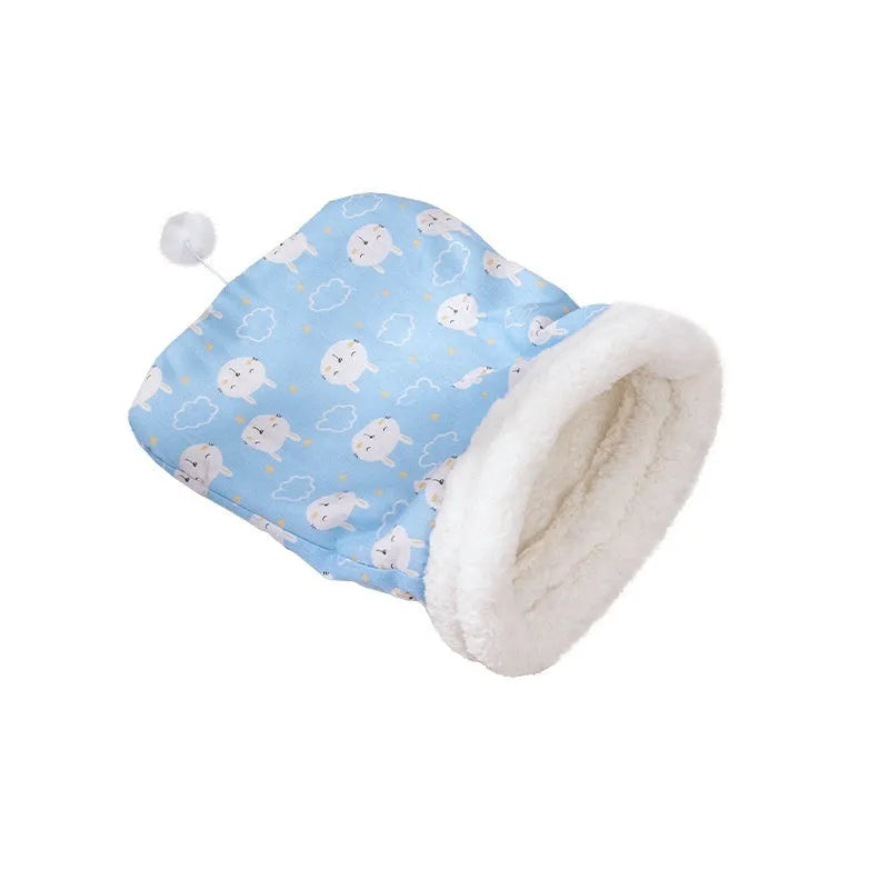 Blue rabbit print flannel cat sleeping bag nest measuring 50 by 40 centimetres.