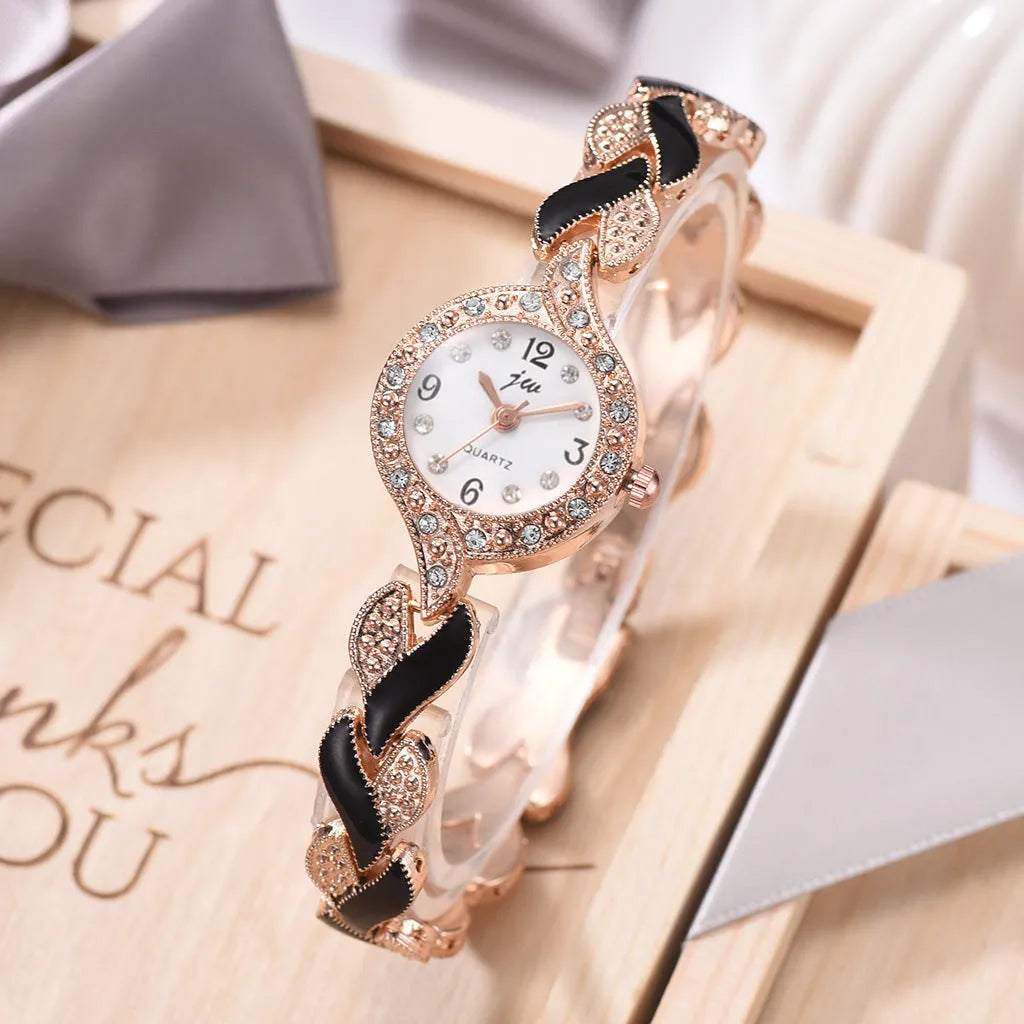 Women's love strap diamond watch with heart-design strap and rhinestone dial in black or red, 21cm total length